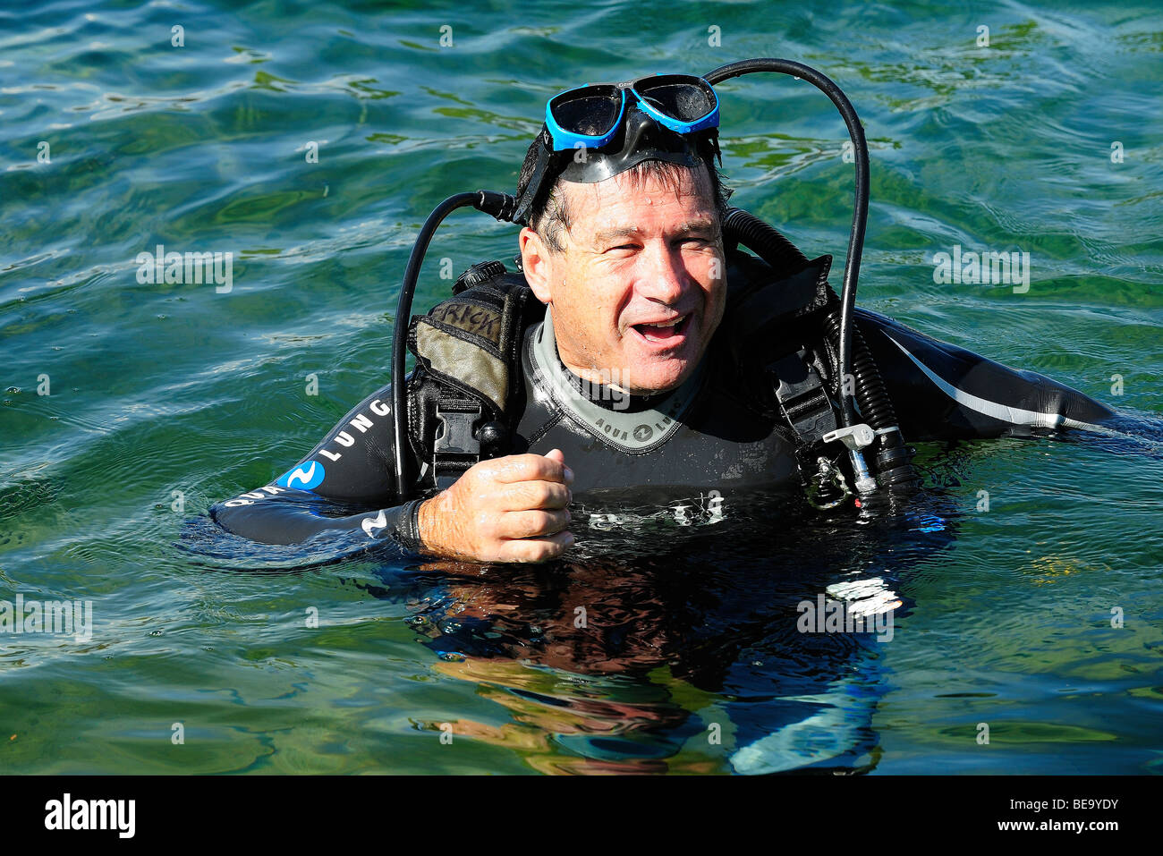 Man with a scuba diving equipment in a lake, Texas Stock Photo