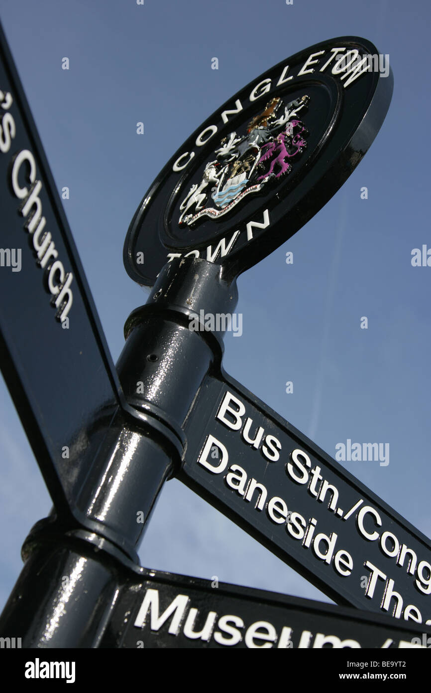 Town of Congleton, England. Close-up view of a visitor direction sign in Congleton Town Centre. Stock Photo