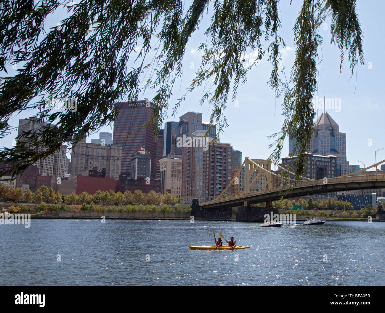 Pittsburgh, Pennsylvania - Kayakers on the Allegheny River near downtown Pittsburgh. Stock Photo
