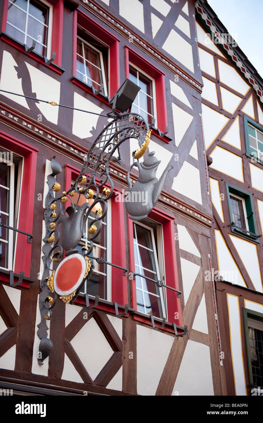 Timber framing house with restaurant signboard in Ahrweiler Germany Stock Photo
