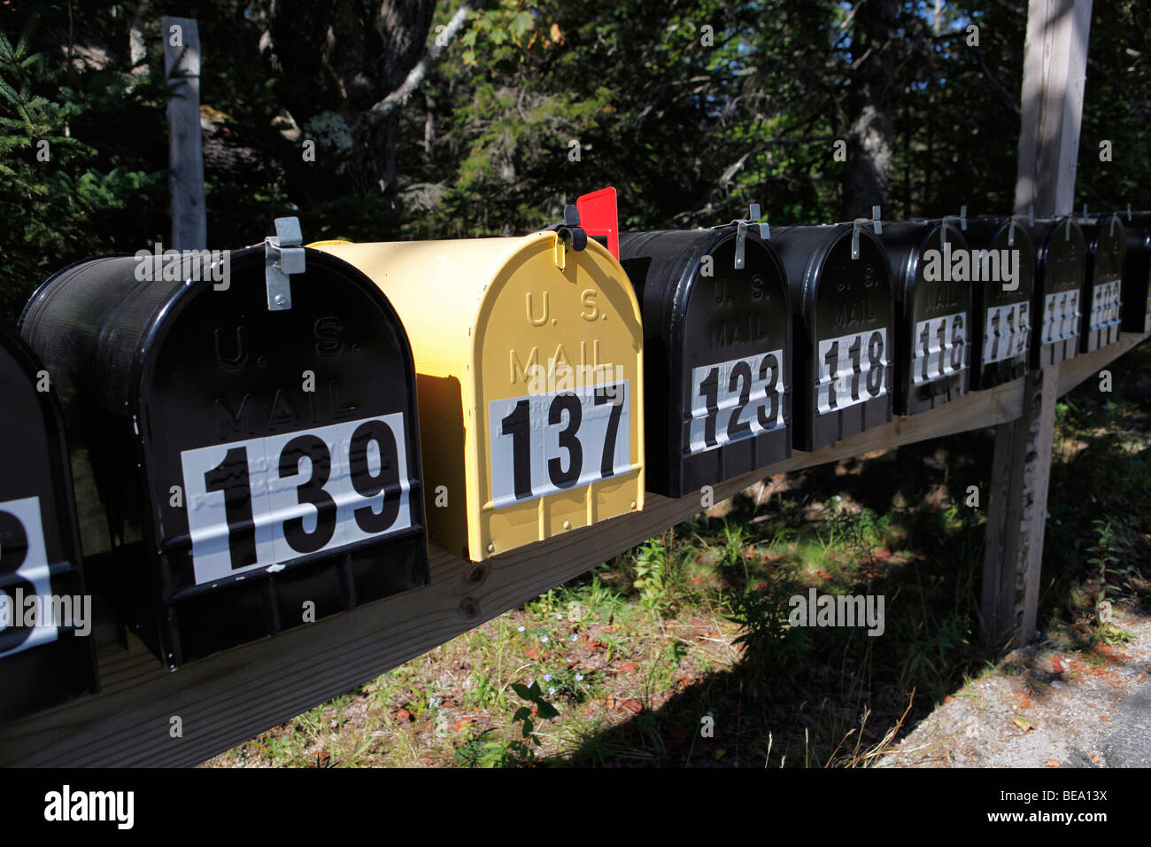numbered rural mailboxes, Maine Stock Photo Alamy