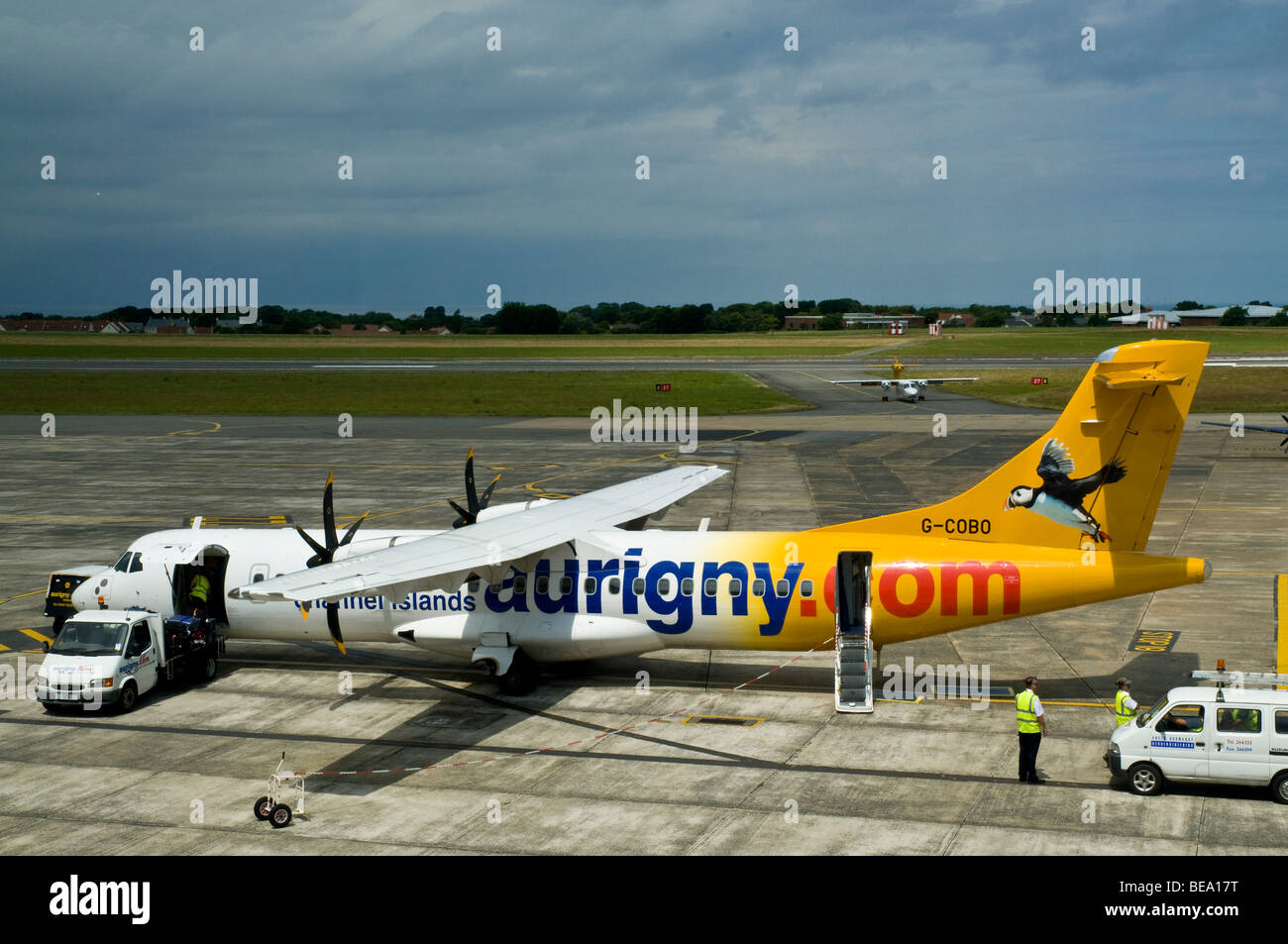 dh  AIRPORT GUERNSEY Aurigny channel islands ATR 72 212A twin turboprop passenger aircraft air services airline 212 Stock Photo