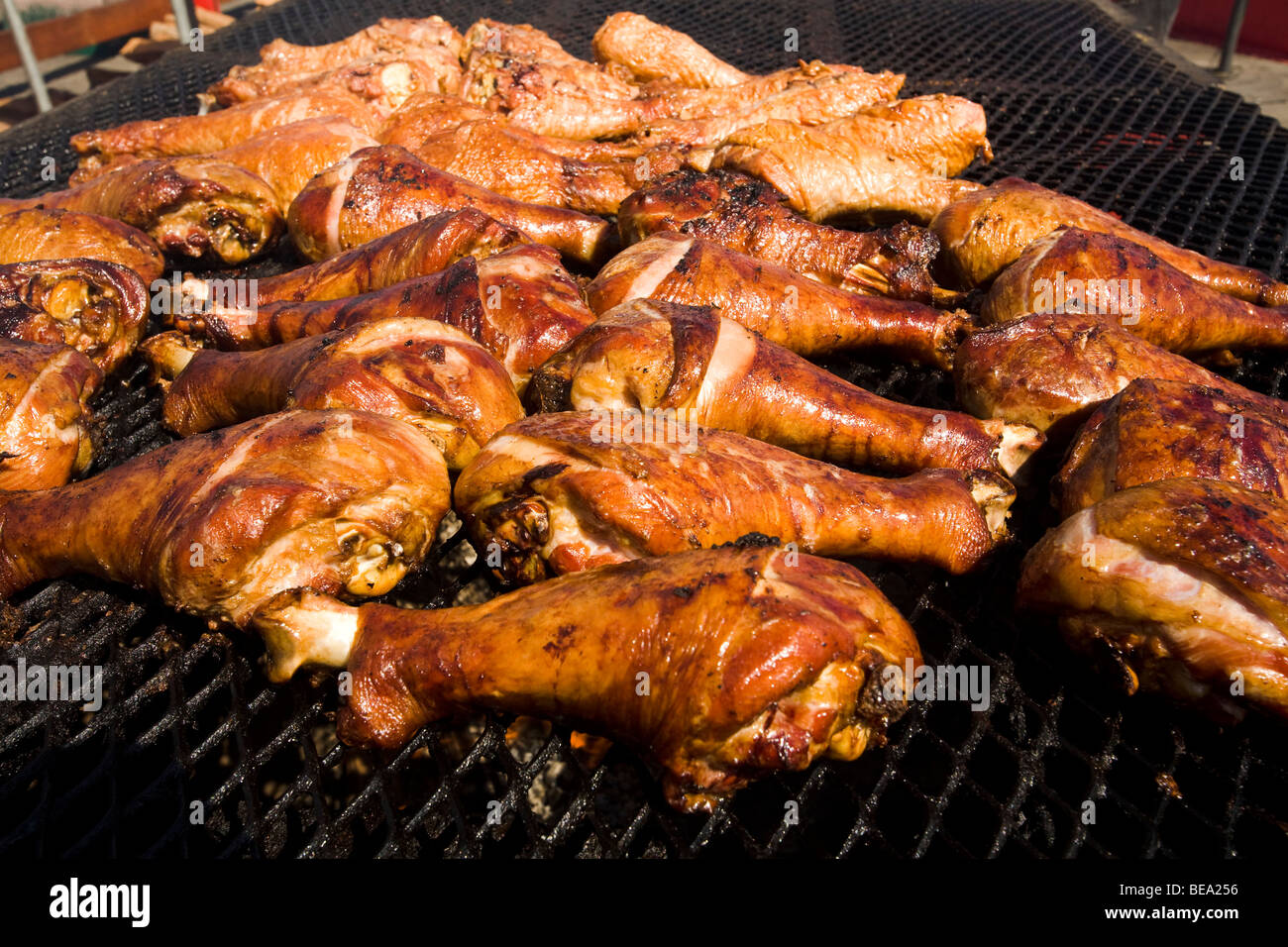 Meat on the barbeque at a food stand at the Los Angeles County Fair (2009) Pomona Fairplex Pomona, California, United States of America Stock Photo