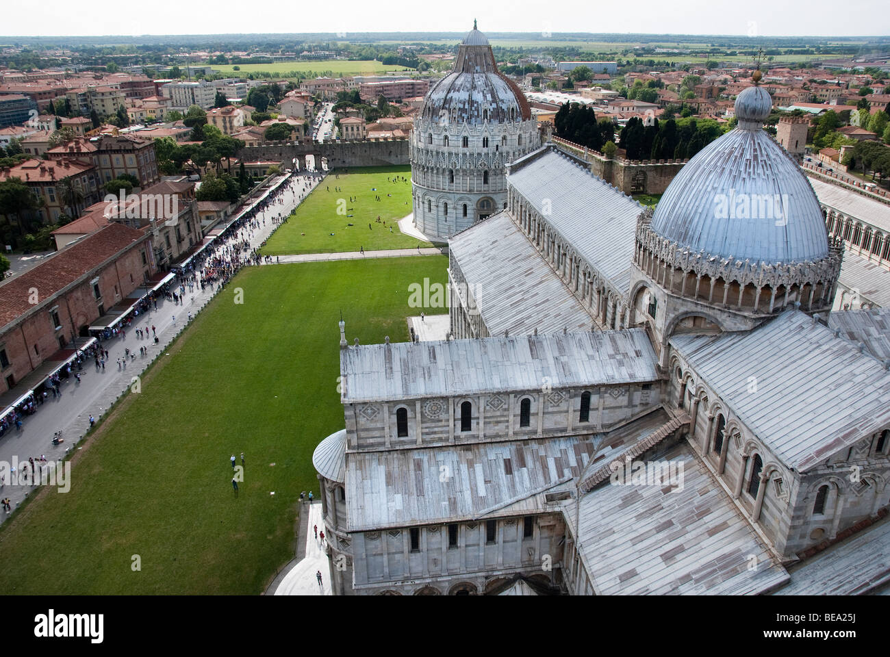 View of the Pisa Duomo, Baptistery and Piazza del Duomo from the Leaning Tower Stock Photo