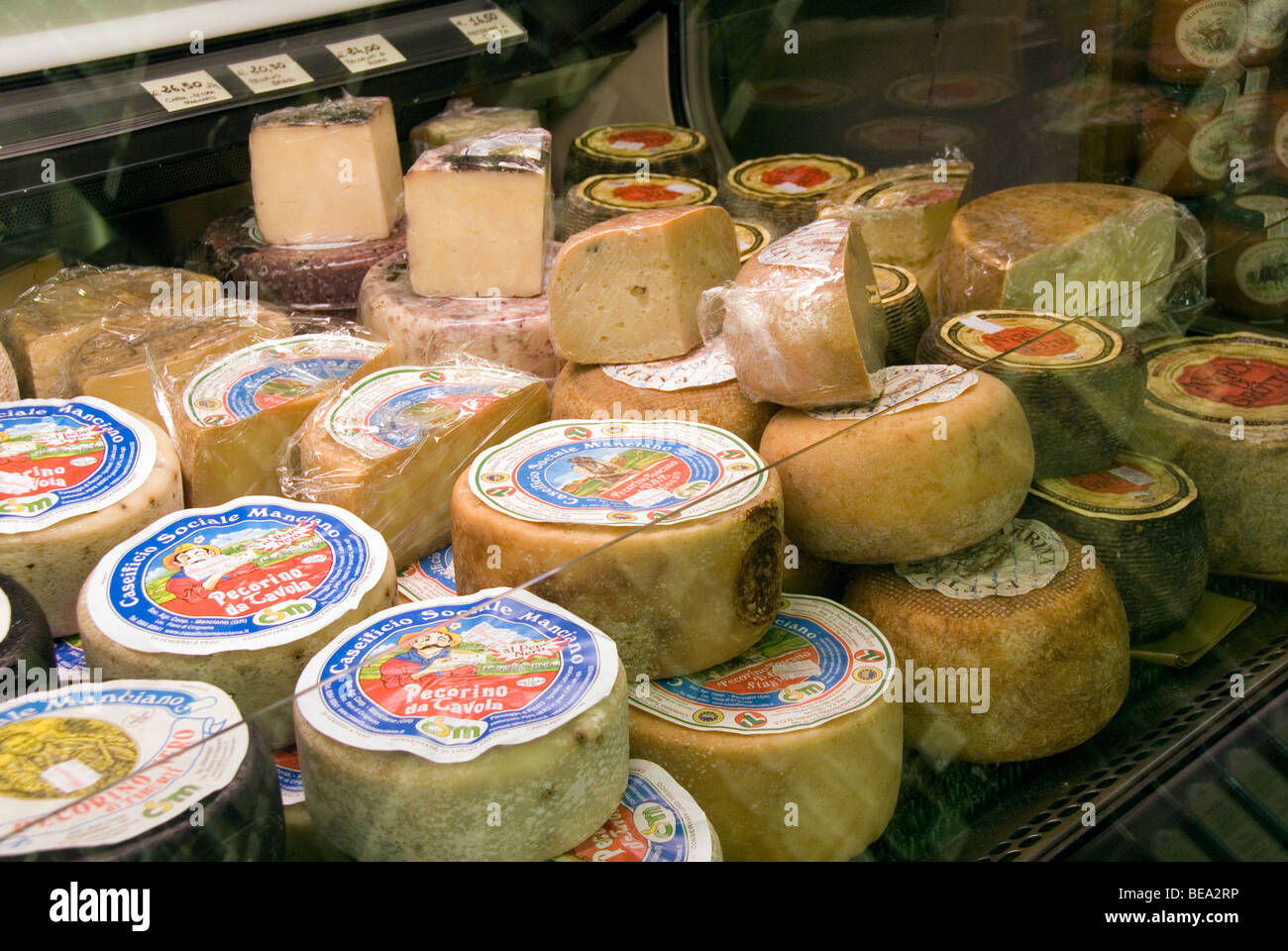 Pecorino cheese wheels in a shop in Manciano, Maremma, Tuscany Stock