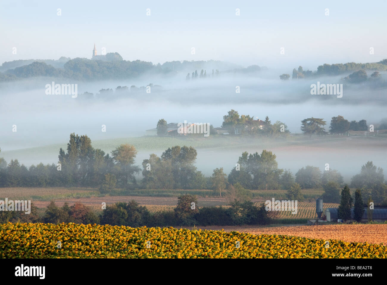 Sunrise and misty morning in the Lot Valley countryside near Castelmoron, Aquitaine, France, Europe Stock Photo