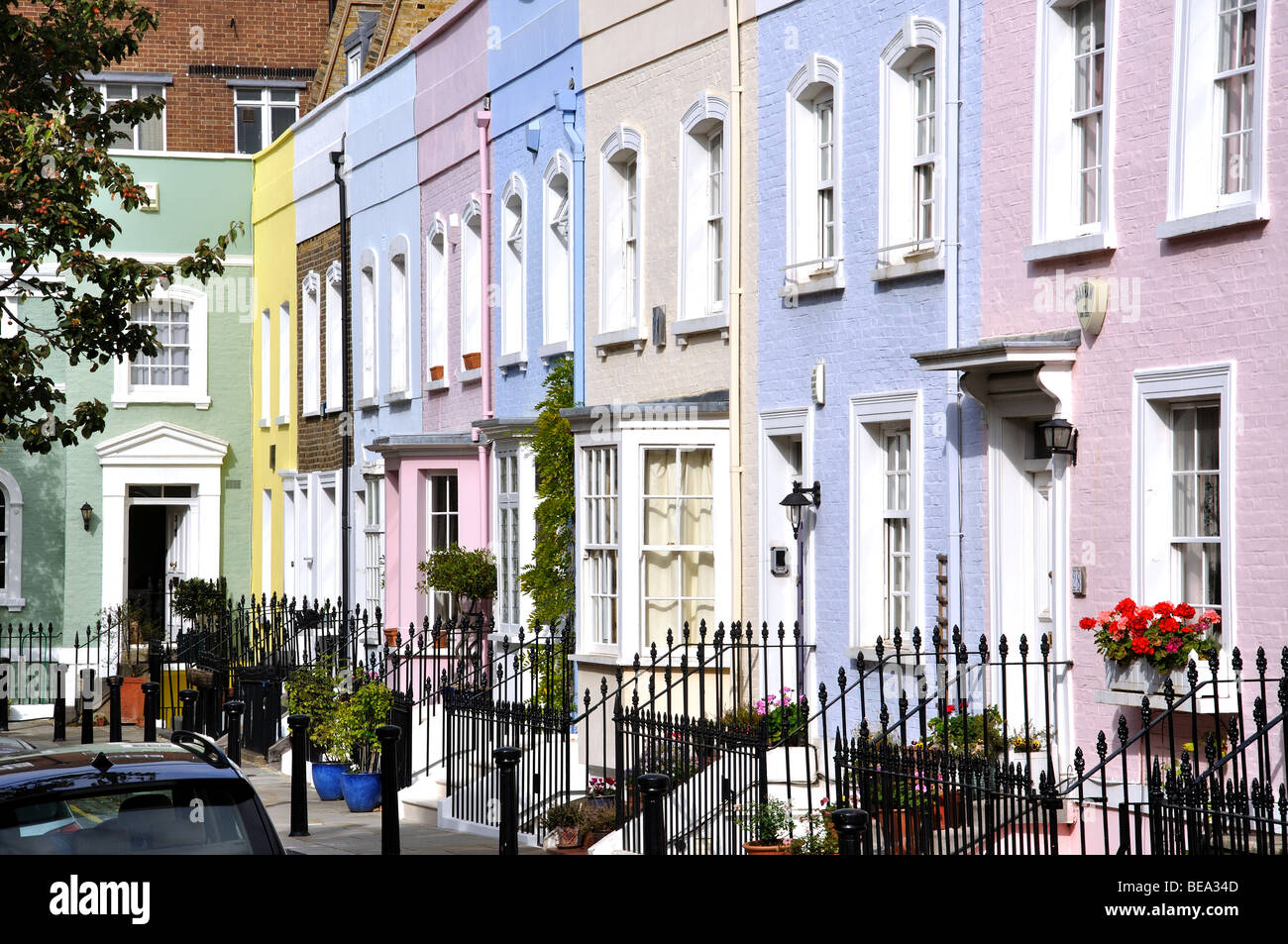 Colourful terraced houses, Bywater Street, Chelsea, Royal Borough of Kensington and Chelsea, London, England, United Kingdom Stock Photo