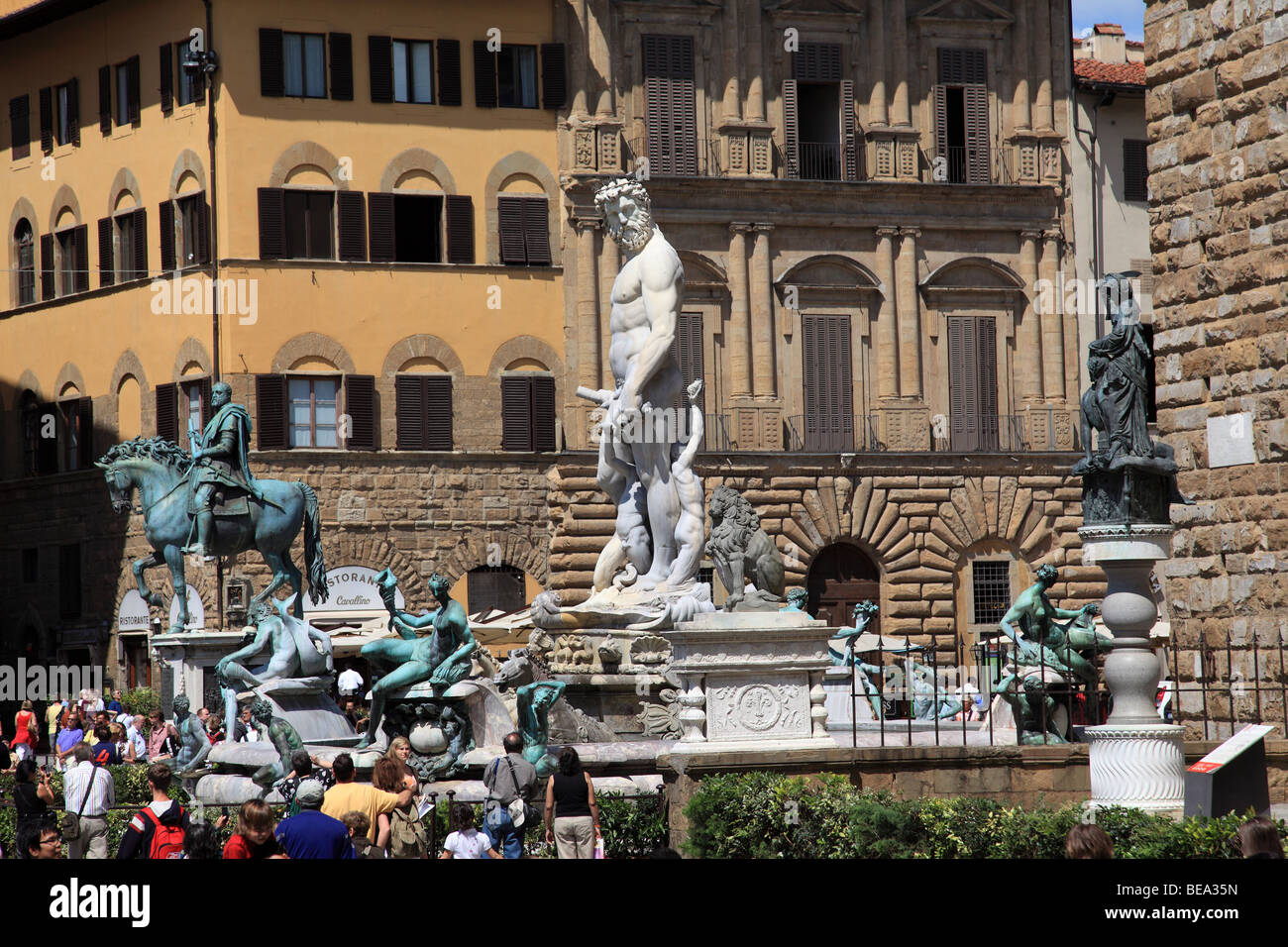 The equestrian statue of Cosimo I and Neptune's Fountain in Piazza della Signoria in Florence Italy Stock Photo