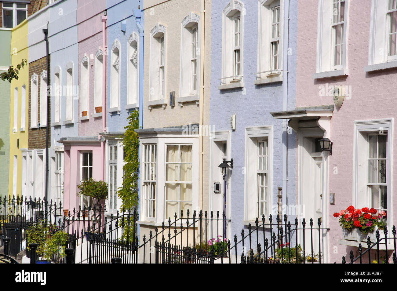 Colourful terraced houses, Bywater Street, Chelsea, Royal Borough of Kensington and Chelsea, London, England, United Kingdom Stock Photo