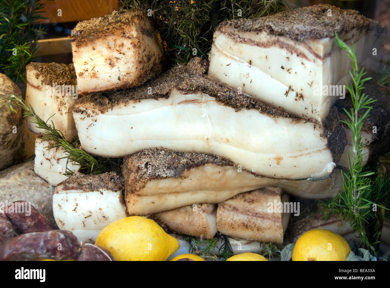 Lardo di Colonnata, a Tuscan gourmet delicacy of cured lard from the