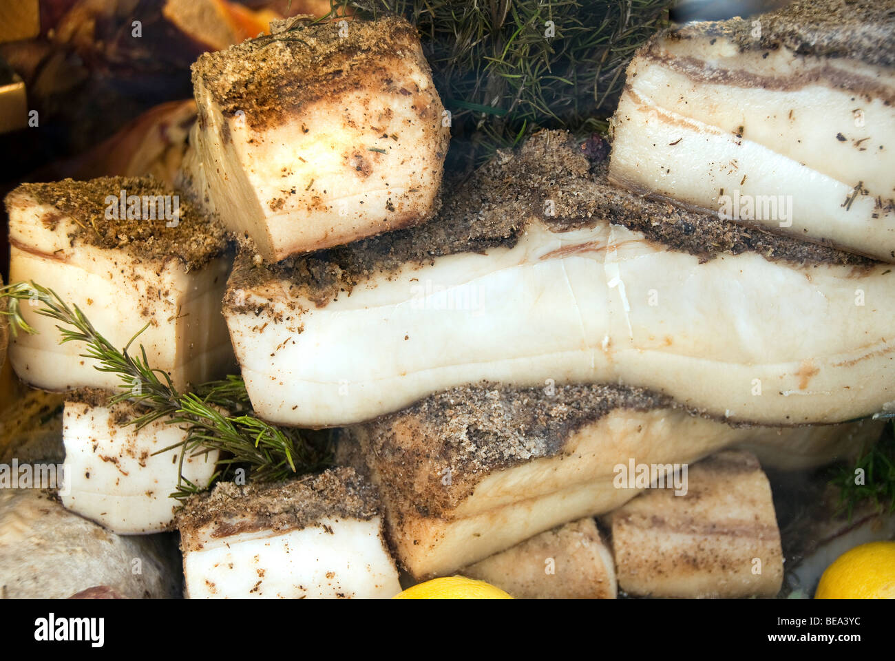 Lardo di Colonnata, a Tuscan gourmet delicacy of cured lard from the