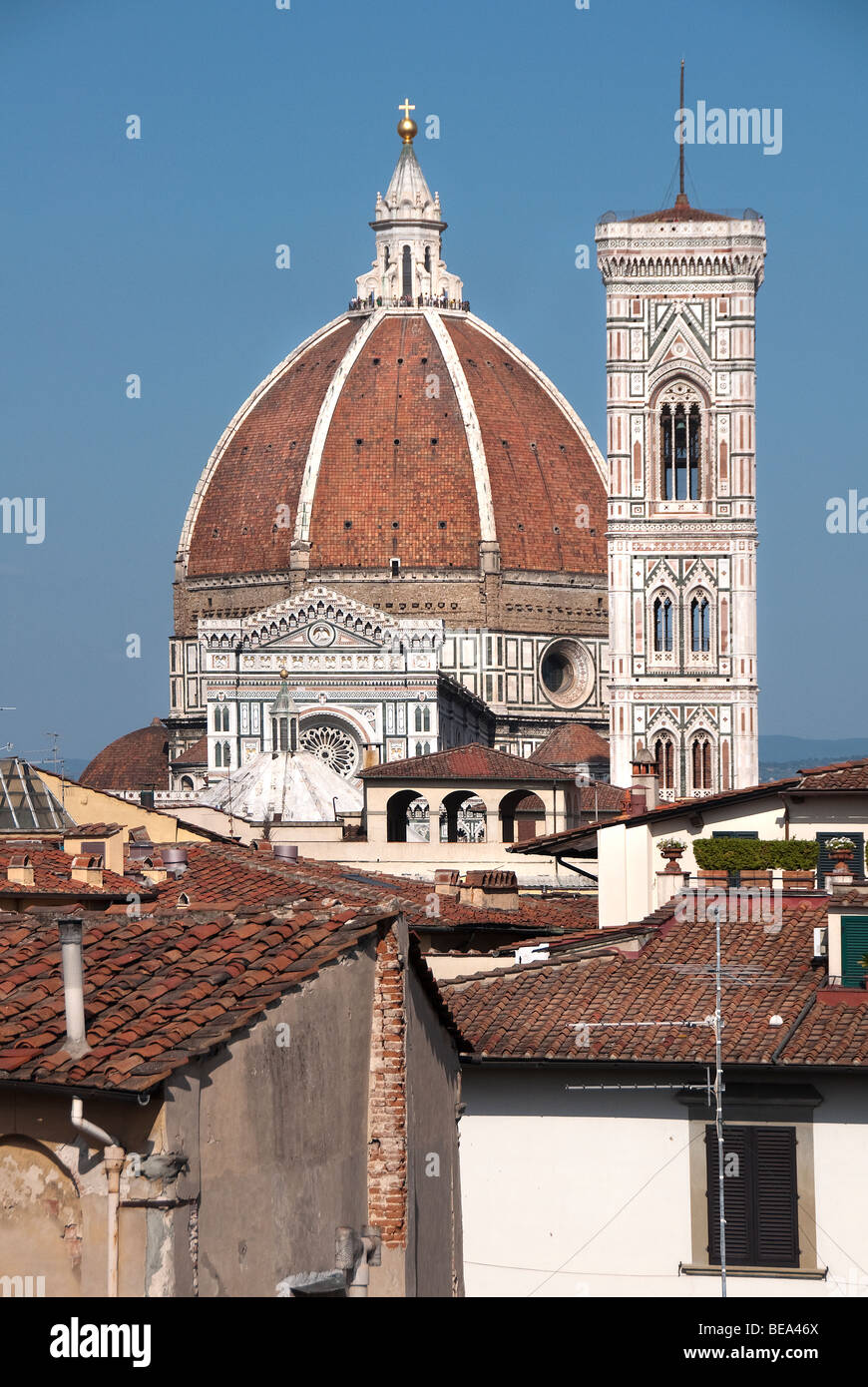 View of the Florence Duomo dome and Belltower with rooftops Stock Photo ...