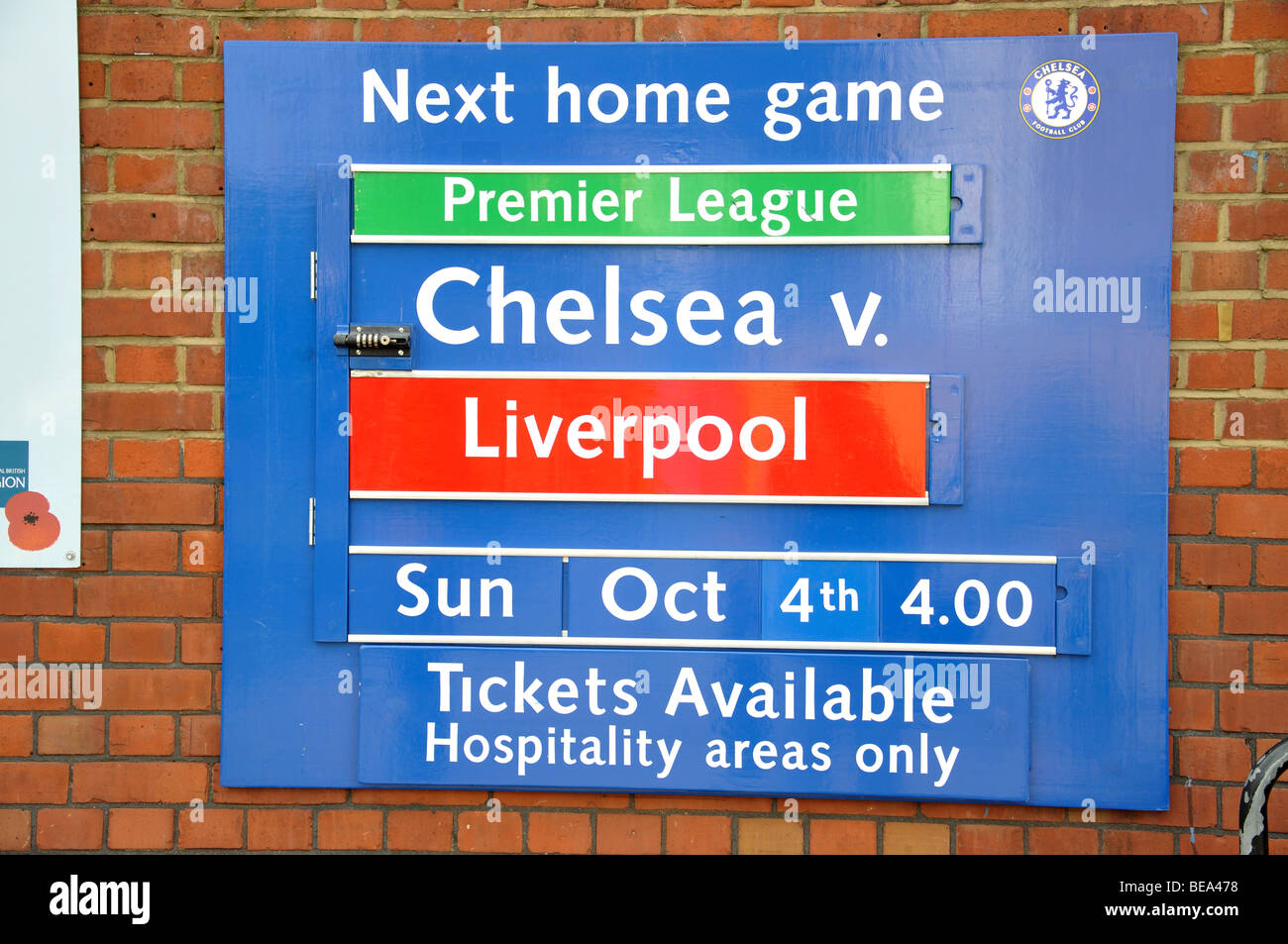 Match sign, Stanford Bridge Football Ground, Fulham, London Borough of