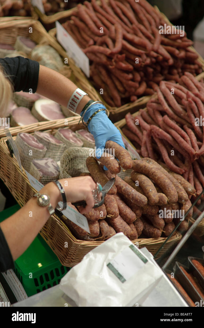 Stall selling sausages at Abergavenny food festival, Monmouthshire