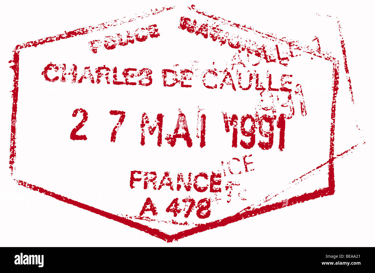 Passport Stamp, France, Charles de Gaulle airport (CDG) Paris 1991. Stock Photo