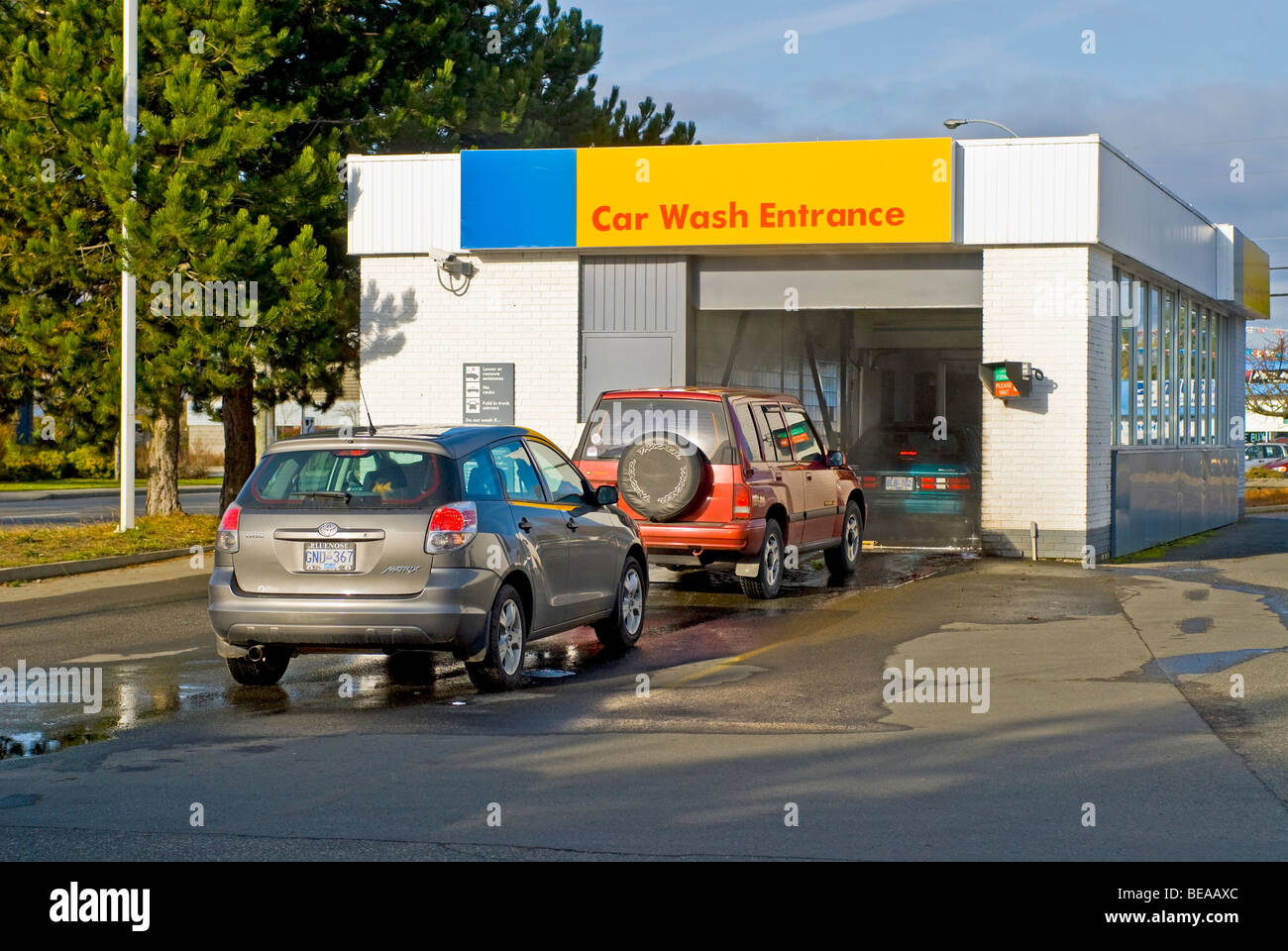 Queing cars at the Parksville car wash on Vancouver Island, British