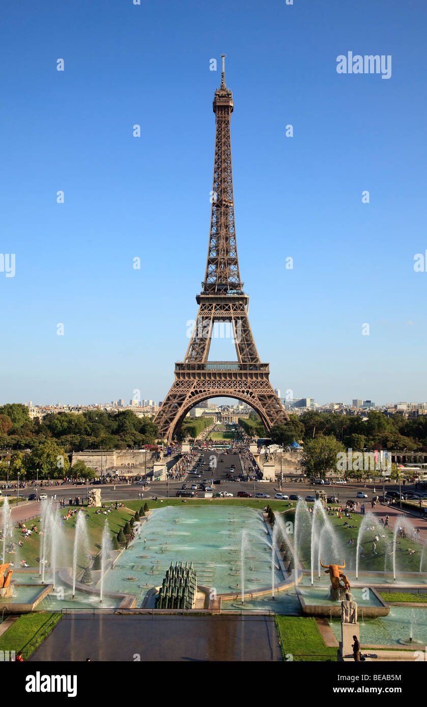 Eiffel Tower and Trocadero Gardens in Paris, France Stock Photo