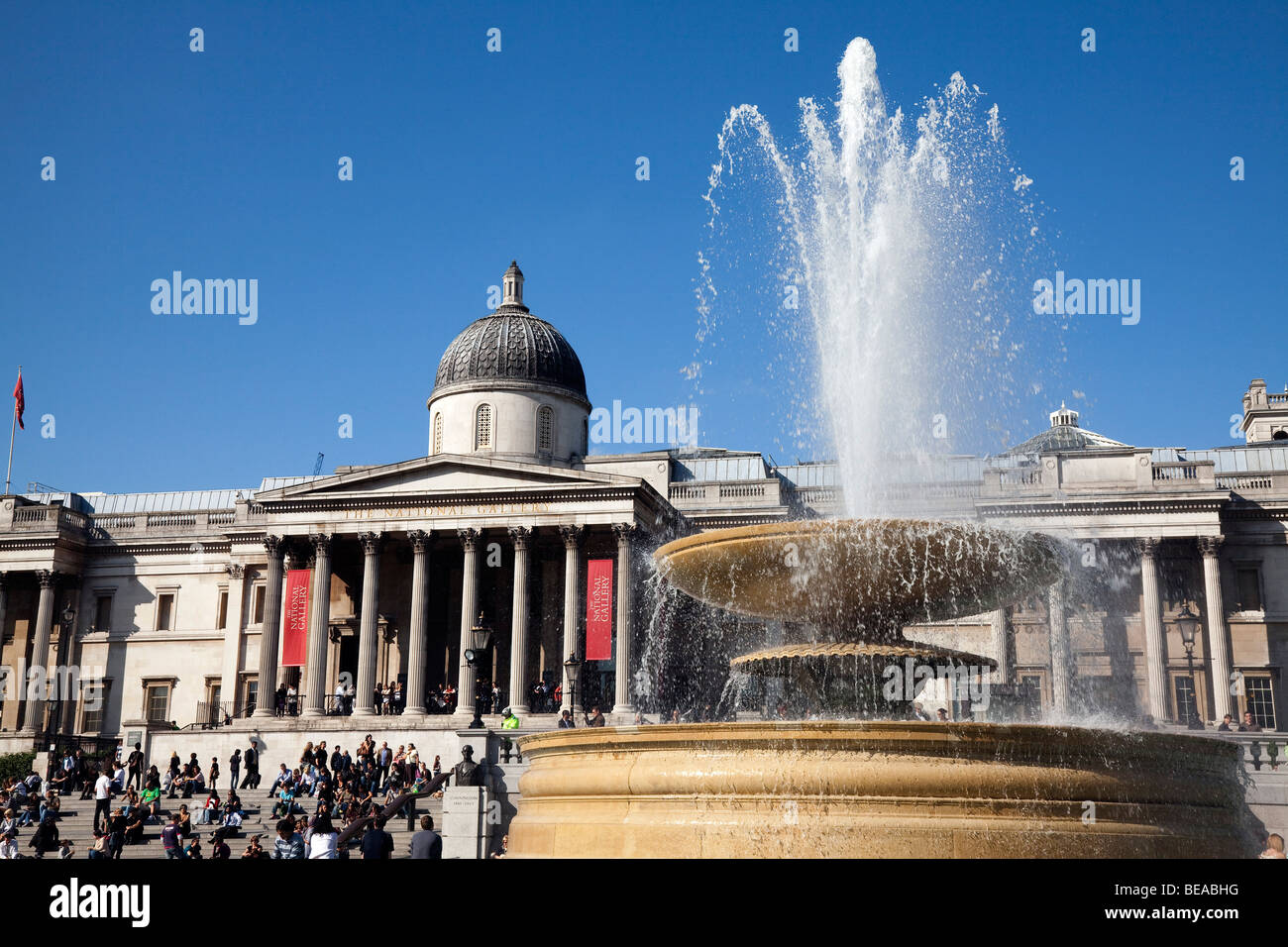 Trafalgar Square fountains and the National Gallery in London Stock Photo