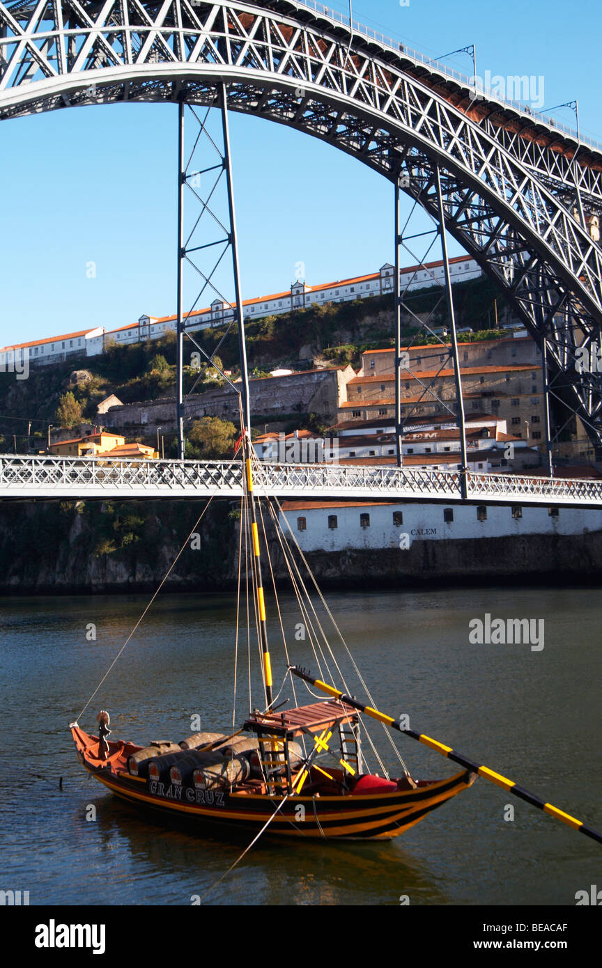 Dom Luis I bridge seen from Cais da Ribeira barco rabelo shipping boat porto portugal Stock Photo