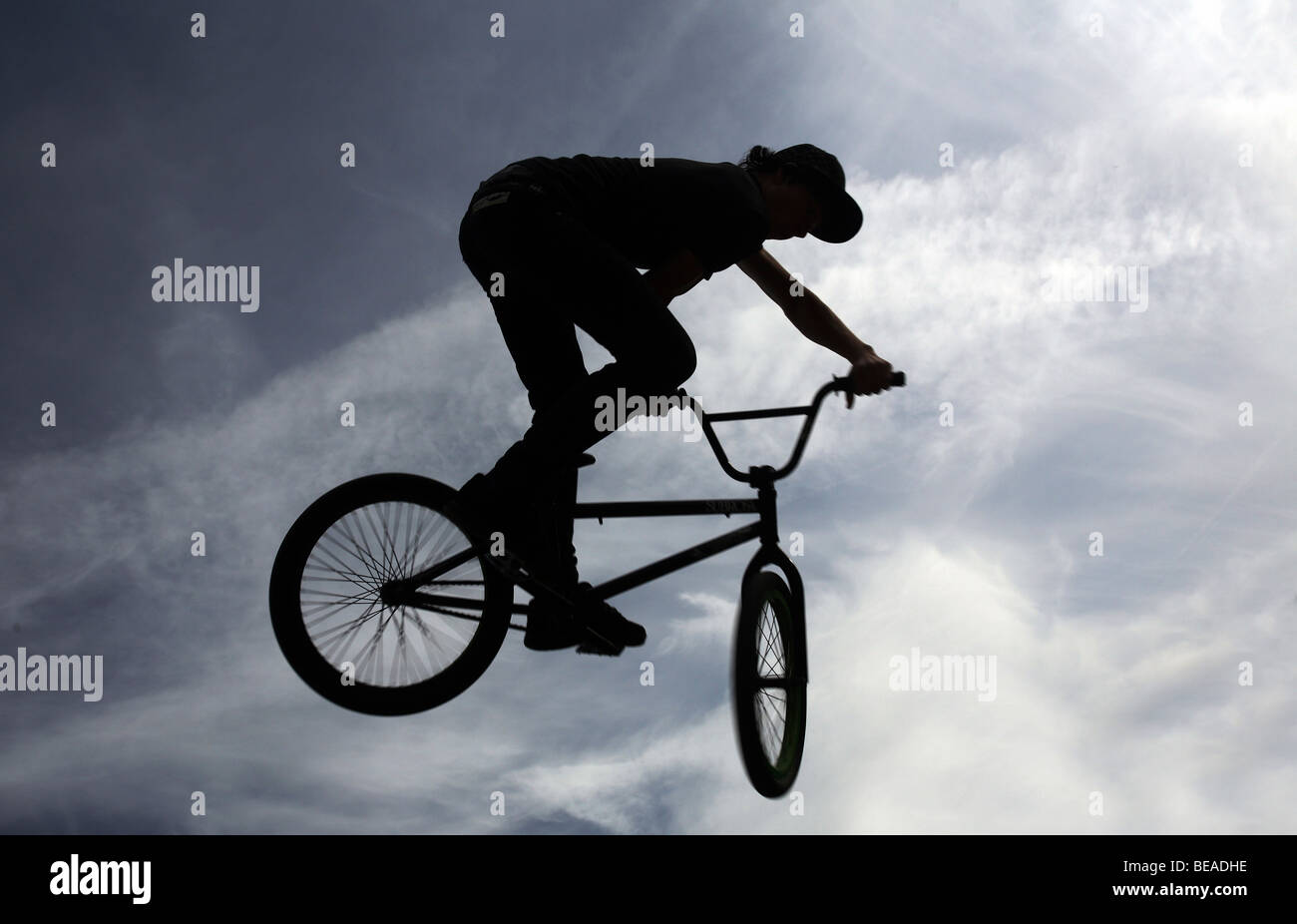 A biker jumping up in the air, Leipzig, Germany Stock Photo