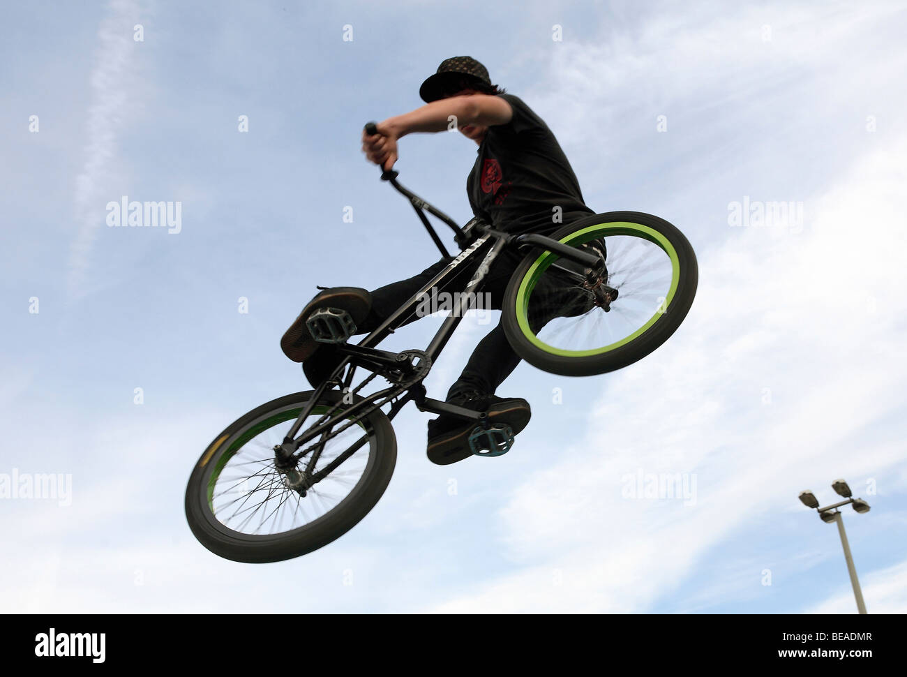 A biker jumping up in the air, Leipzig, Germany Stock Photo