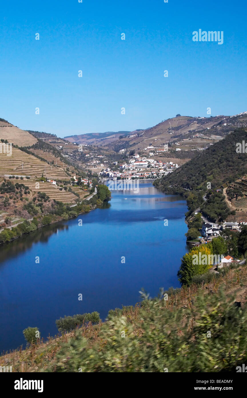 douro river and steep vineyards view to pinhao from winery quinta do