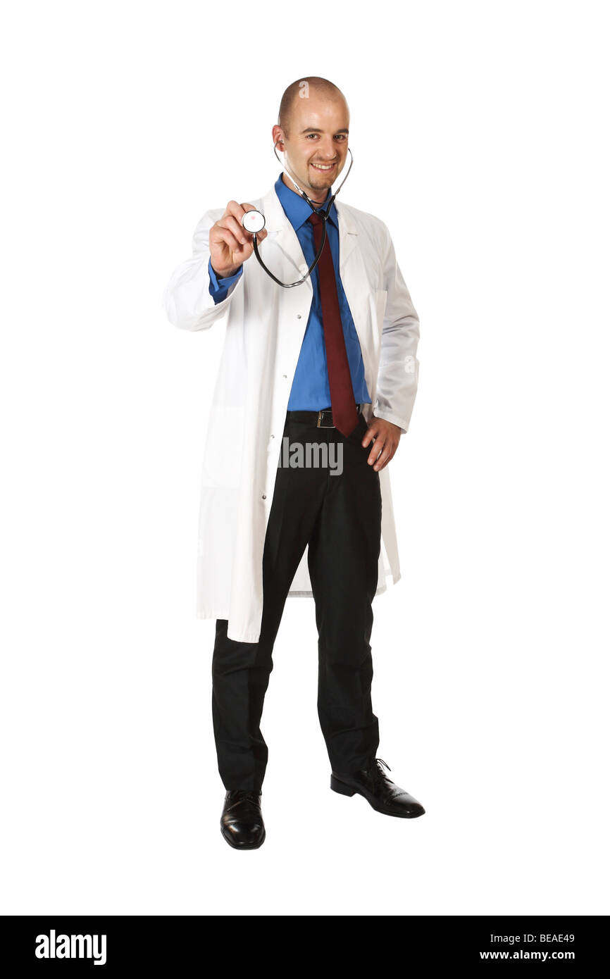fine portrait of young adult caucasian doctor isolated on white Stock Photo
