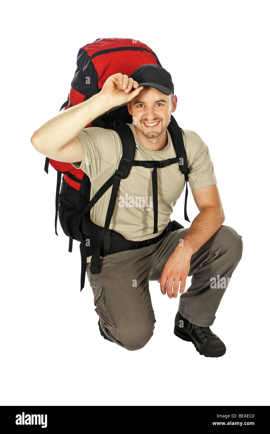 travel image of young caucasian man isolated on white with big backpack Stock Photo