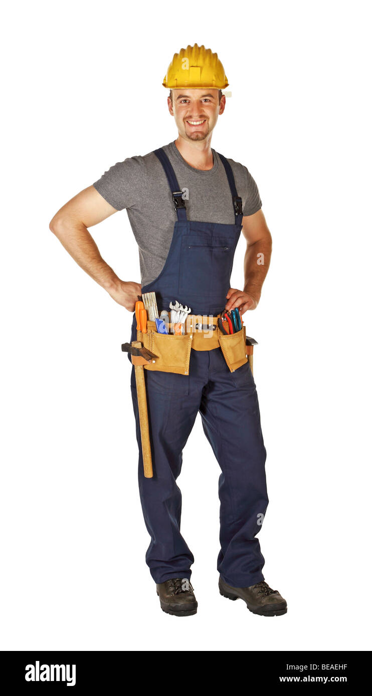 confident pose of young caucasian handyman with toolbelt Stock Photo