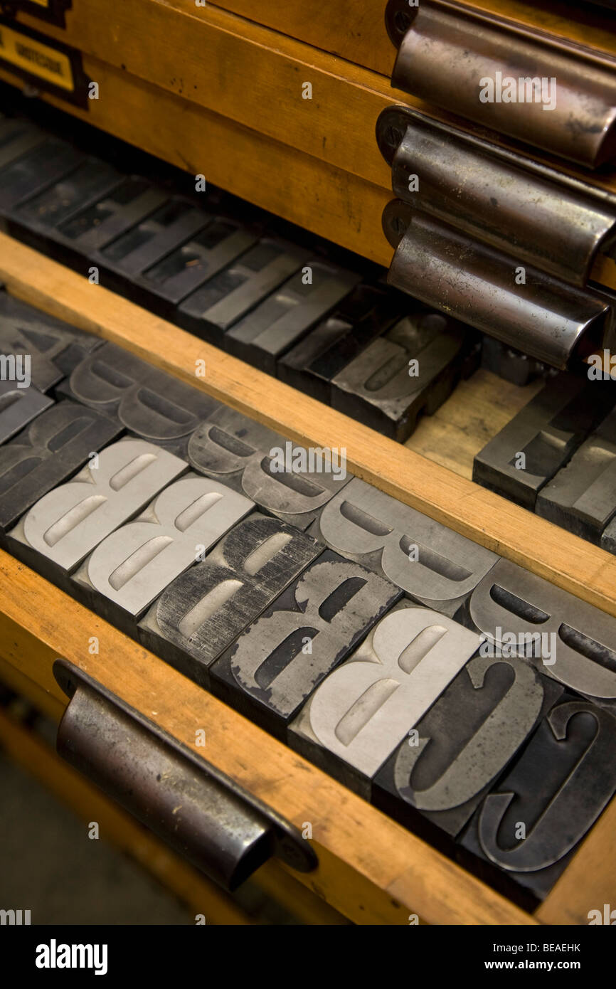 Metal letterpress letters in a drawer Stock Photo