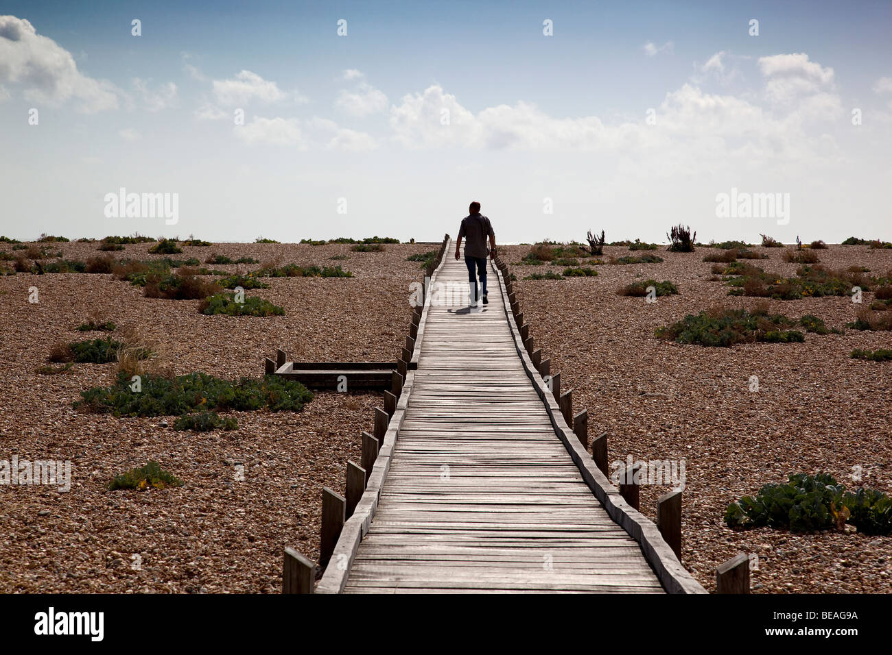 Boardwalk on Dungerness beach Kent UK Stock Photo