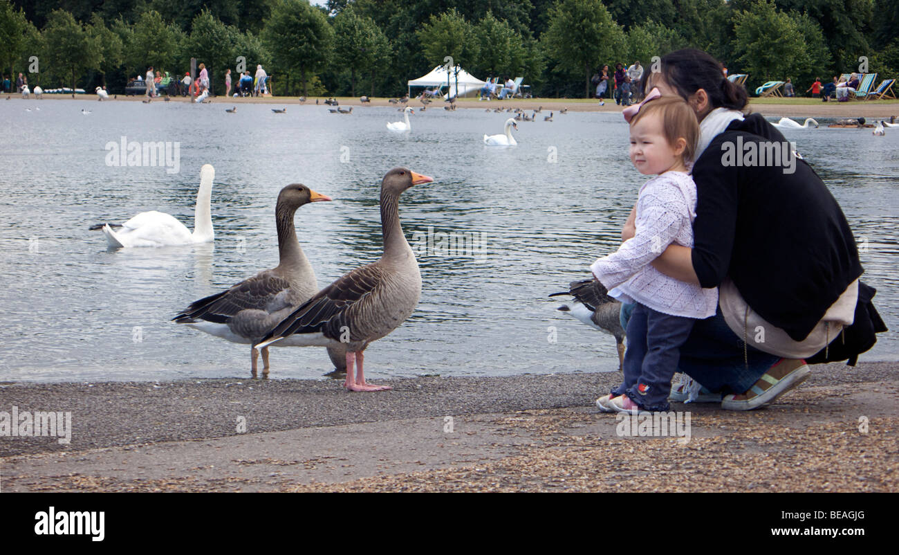 Mother and child on the shores of the boating lake in Hyde Park, London. England. Watching the ducks. Stock Photo