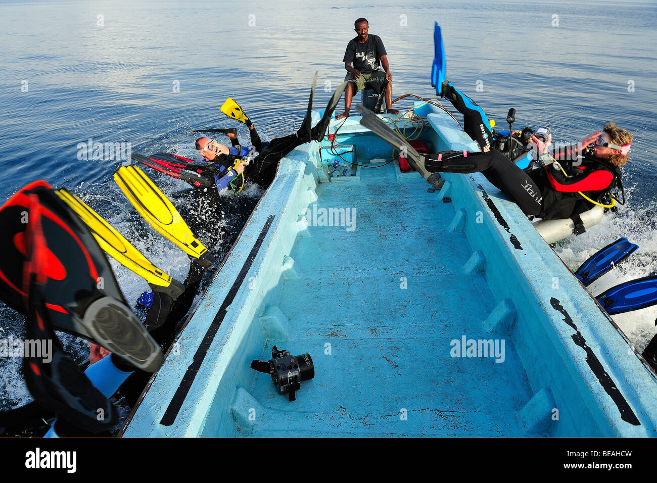 Group of scuba divers in the Bay of Tadjoura, Gulf of Aden Stock Photo