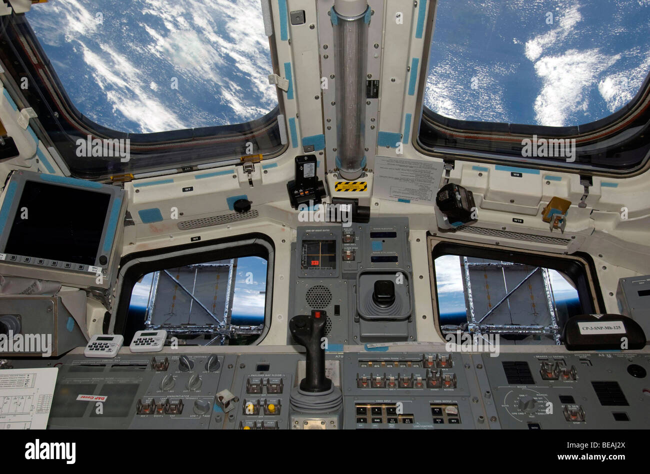 Cockpit of the Space Shuttle Atlantis. May 2009.  Optimised and enhanced version of an original NASA image. Credit NASA. Stock Photo