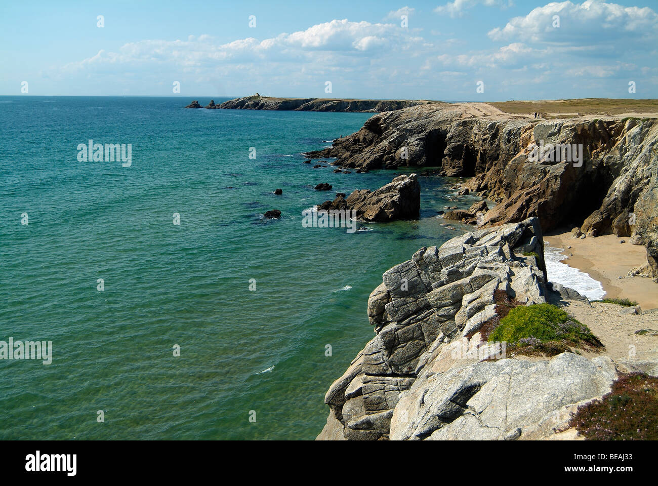 La Cote Sauvage cliffs with sandy beach near Quiberon, Brittany Stock