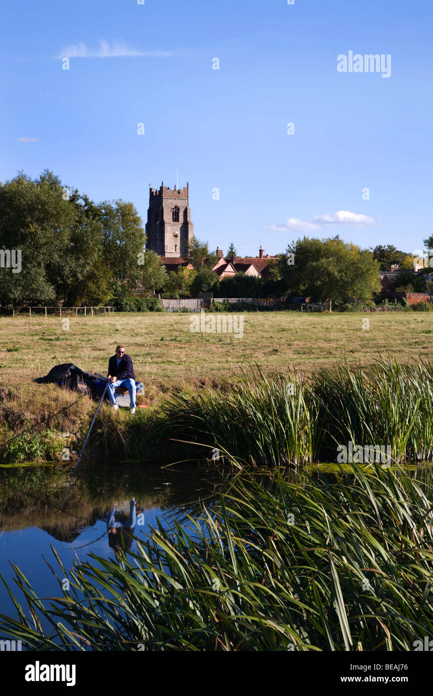 Fishing in The Stour on the Water Meadows Church Sudbury Suffolk England Stock Photo