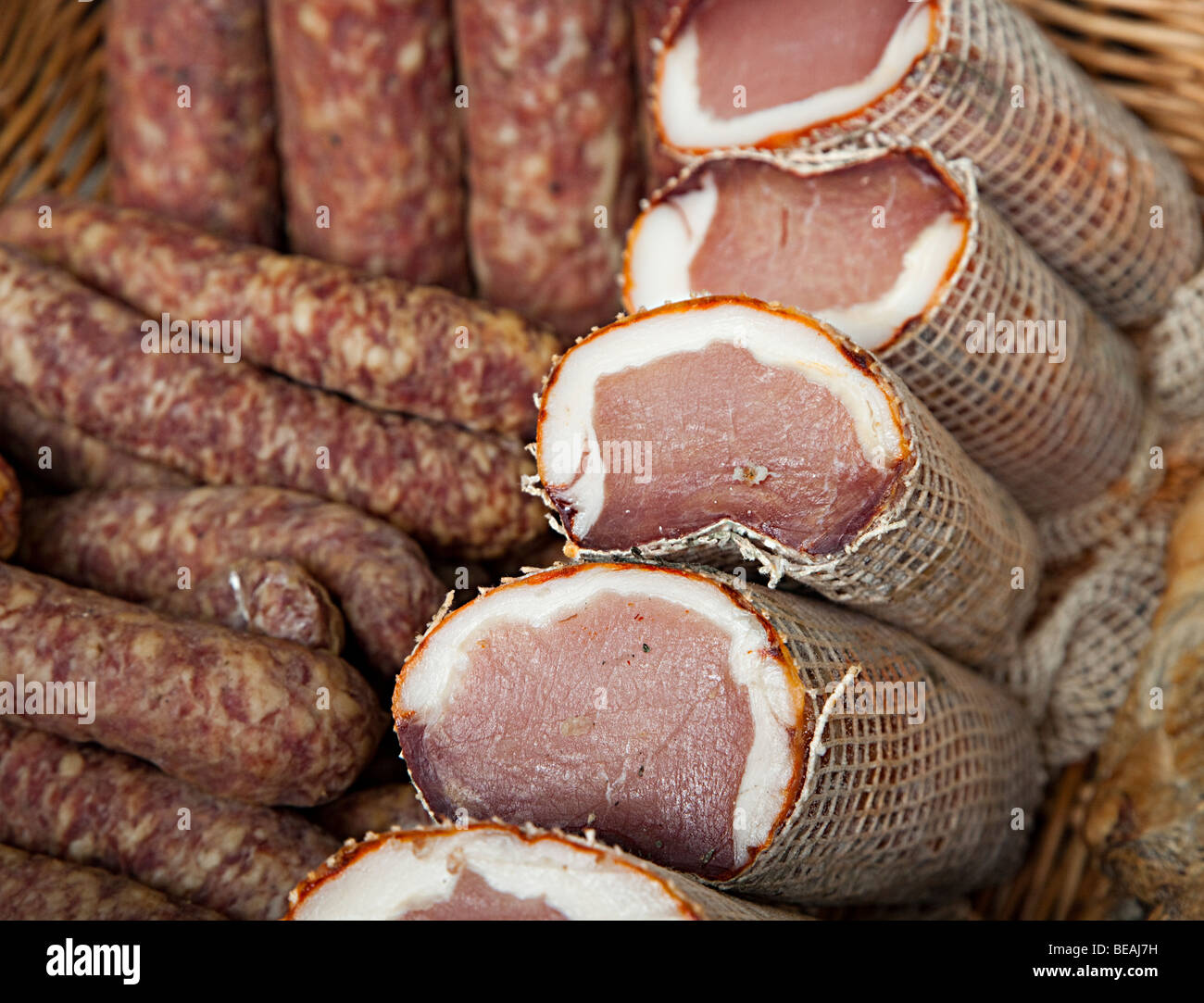 Lomo air dried pork loin with paprika seasoning and chorizo salami on sale Wales UK Stock Photo