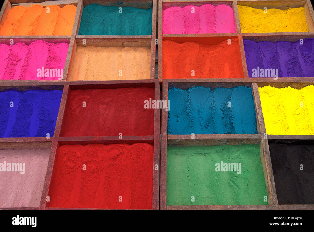 Multicoloured powder paints for sale in Kathmandu. As also used throughout India, particularly for the Holi festival Stock Photo