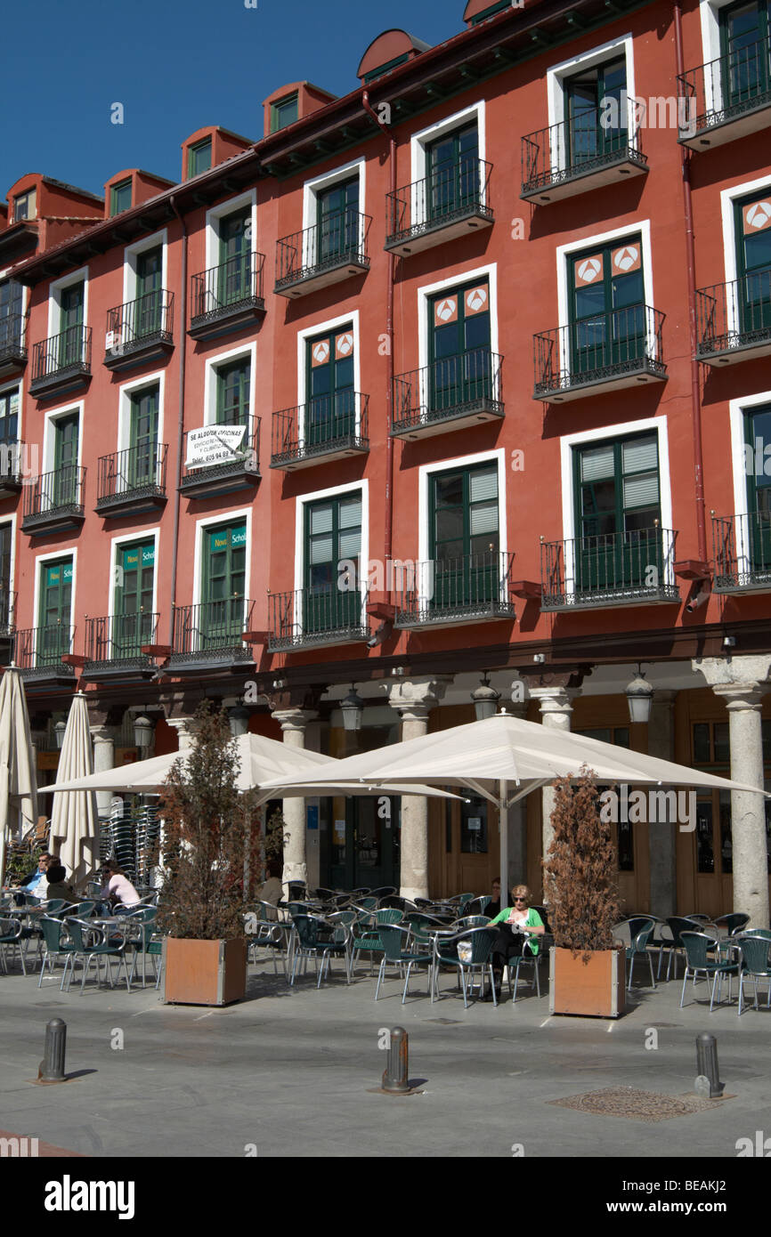 apartment buildings restaurant terrace plaza mayor Valladolid spain castile and leon Stock Photo