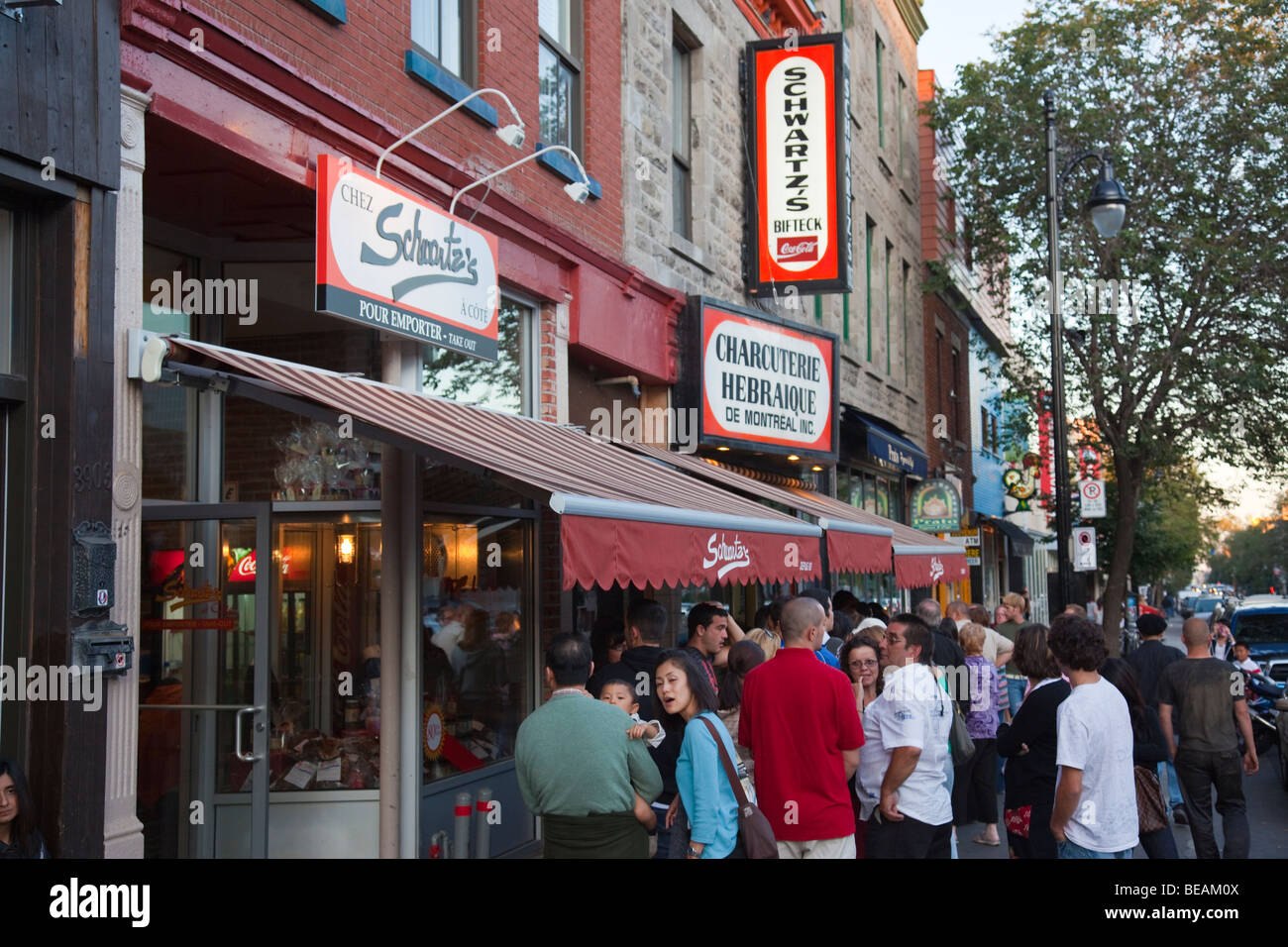 Line Outside Schwartz's Restaurant is famous in Montreal Canada Stock Photo