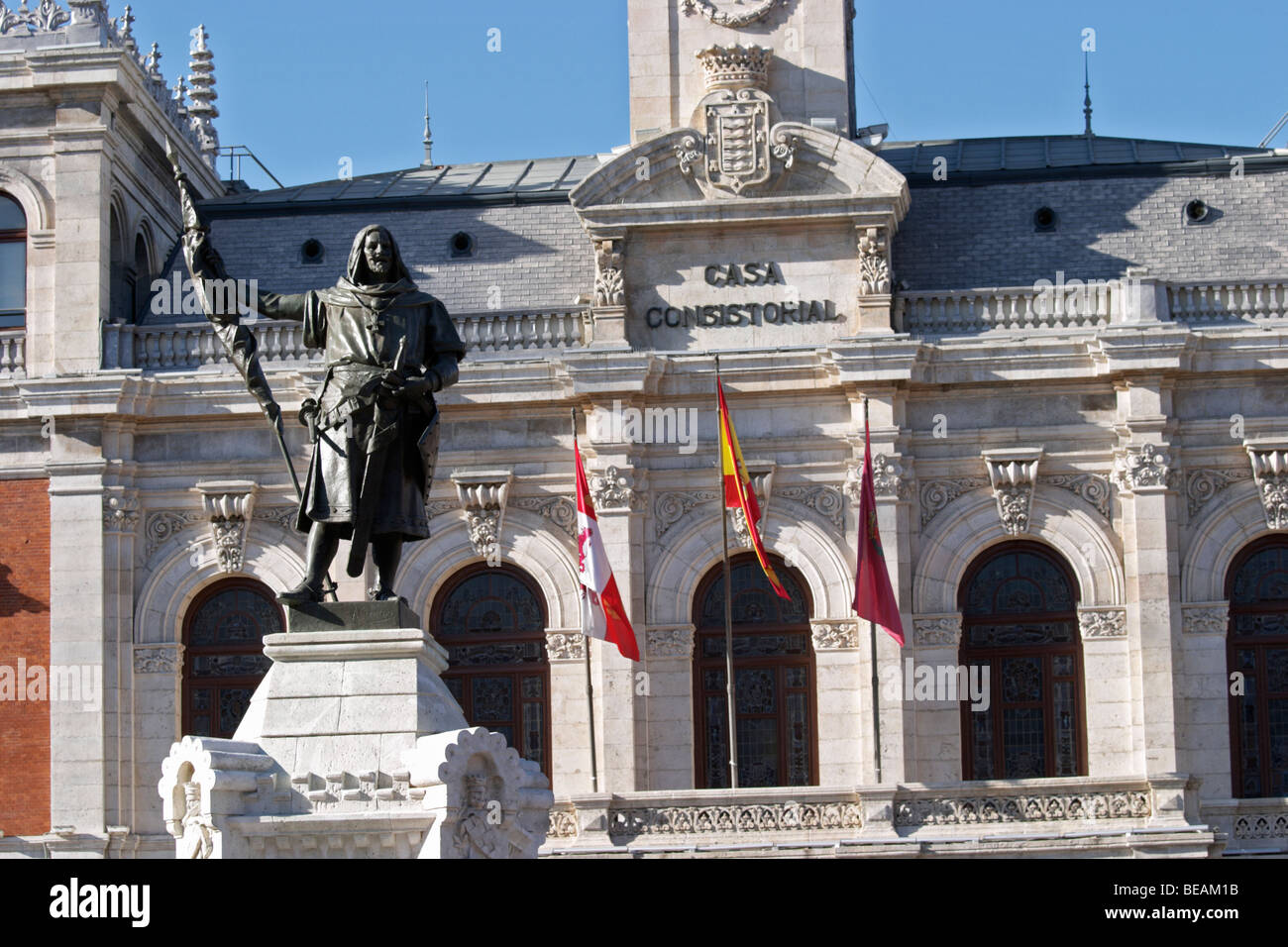 plaza mayor Statue of Count Anzures town hall Valladolid spain castile and leon Stock Photo