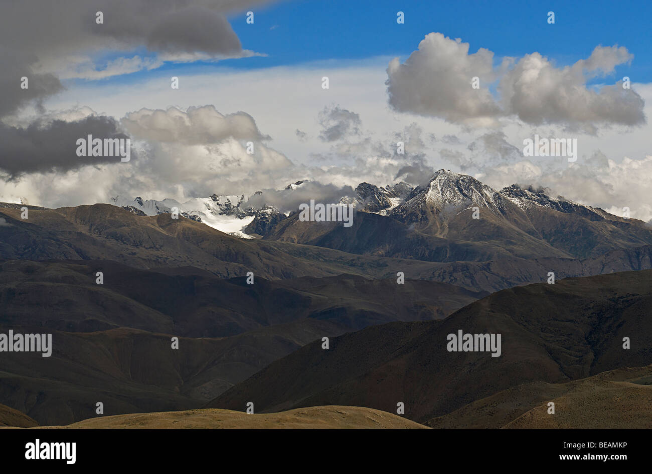 Tibetan landscape with hills and mountains . Approaching Nepal. Tibet ...