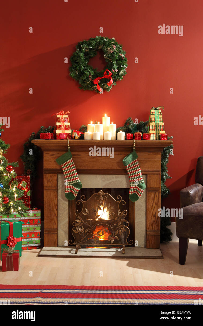 Fireplace decorated for Christmas Stock Photo