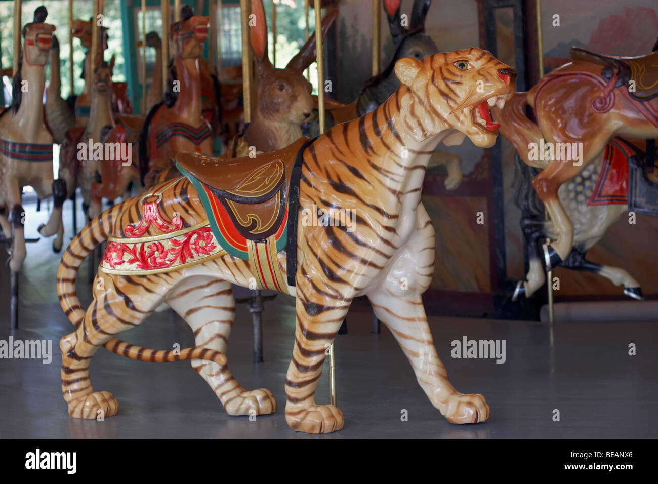 A menagerie tiger on the carousel at Glen Echo Park, Glen Echo, Maryland. Stock Photo