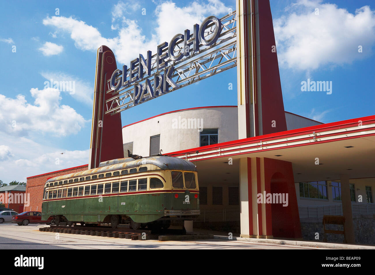 An antique trolley car at the entrance to Glen Echo Park, Glen Echo