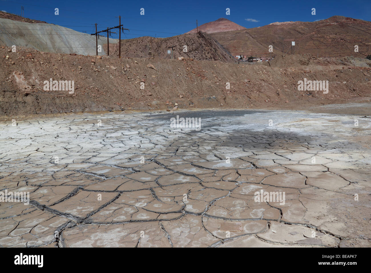 Dried tailings waste from a mine, Cerro Rico in background , Potosi , Bolivia Stock Photo
