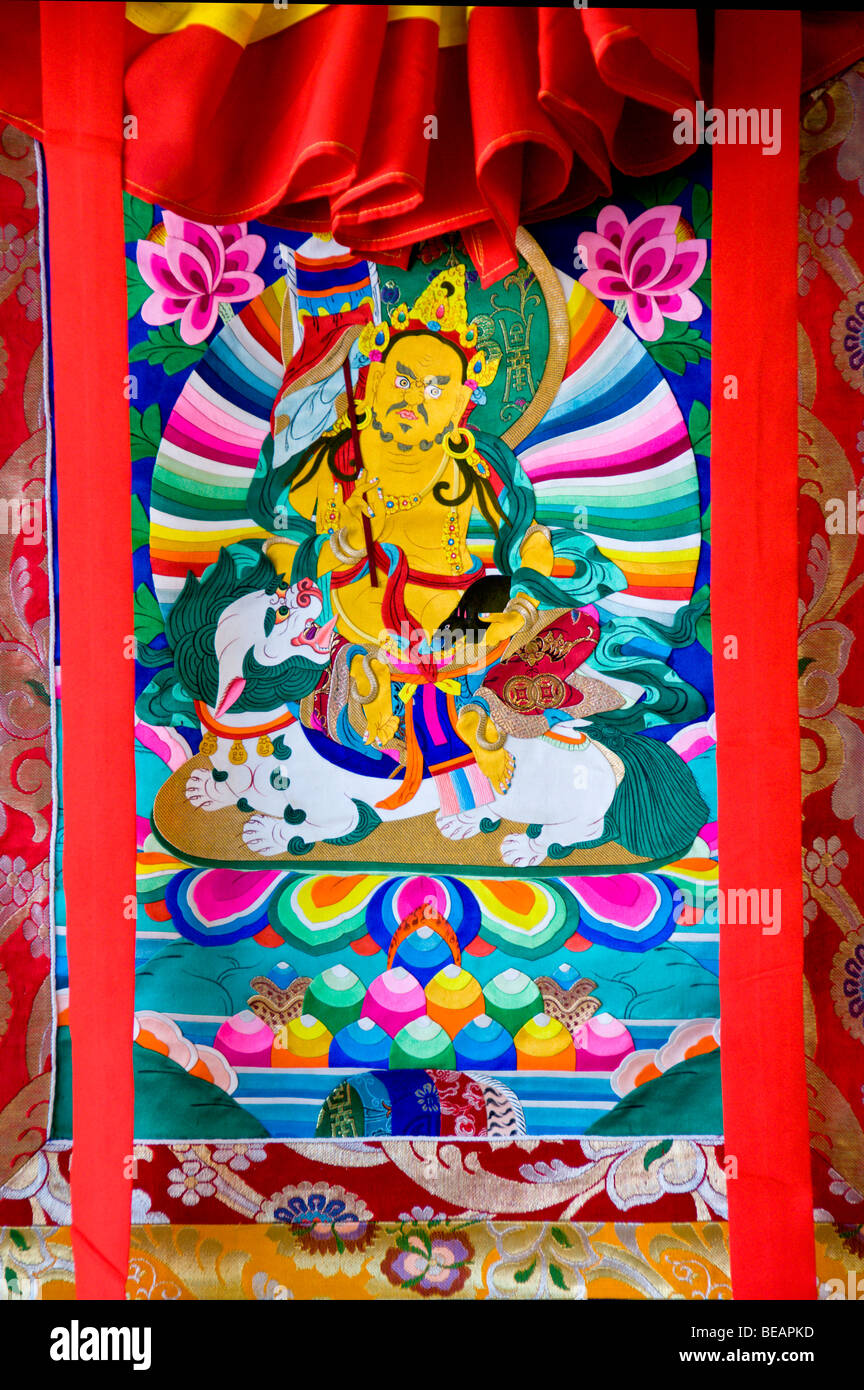 A Buddhist tapestry is hung in preparation for a religious ceremony - the creation of a Sand Mandala in Ruidoso, New Mexico. Stock Photo