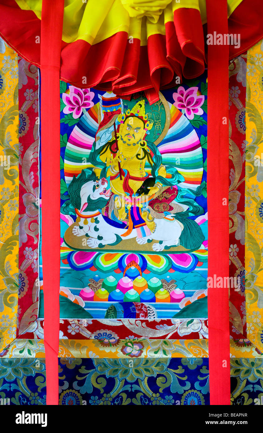 A Buddhist tapestry is hung in preparation for a religious ceremony - the creation of a Sand Mandala in Ruidoso, New Mexico. Stock Photo