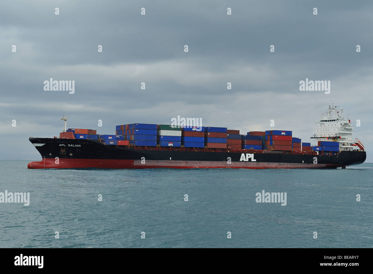 Supertanker loaded with containers in Gulf of Aden, off Djibouti Stock