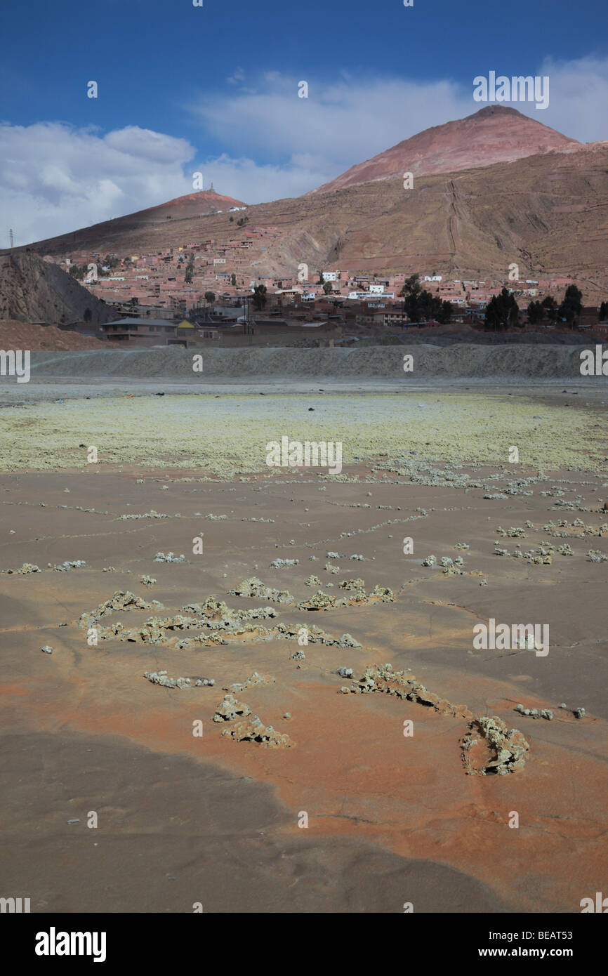 Tailings waste from nearby mines on outskirts of city of Potosi, Cerro Rico in background, Bolivia Stock Photo